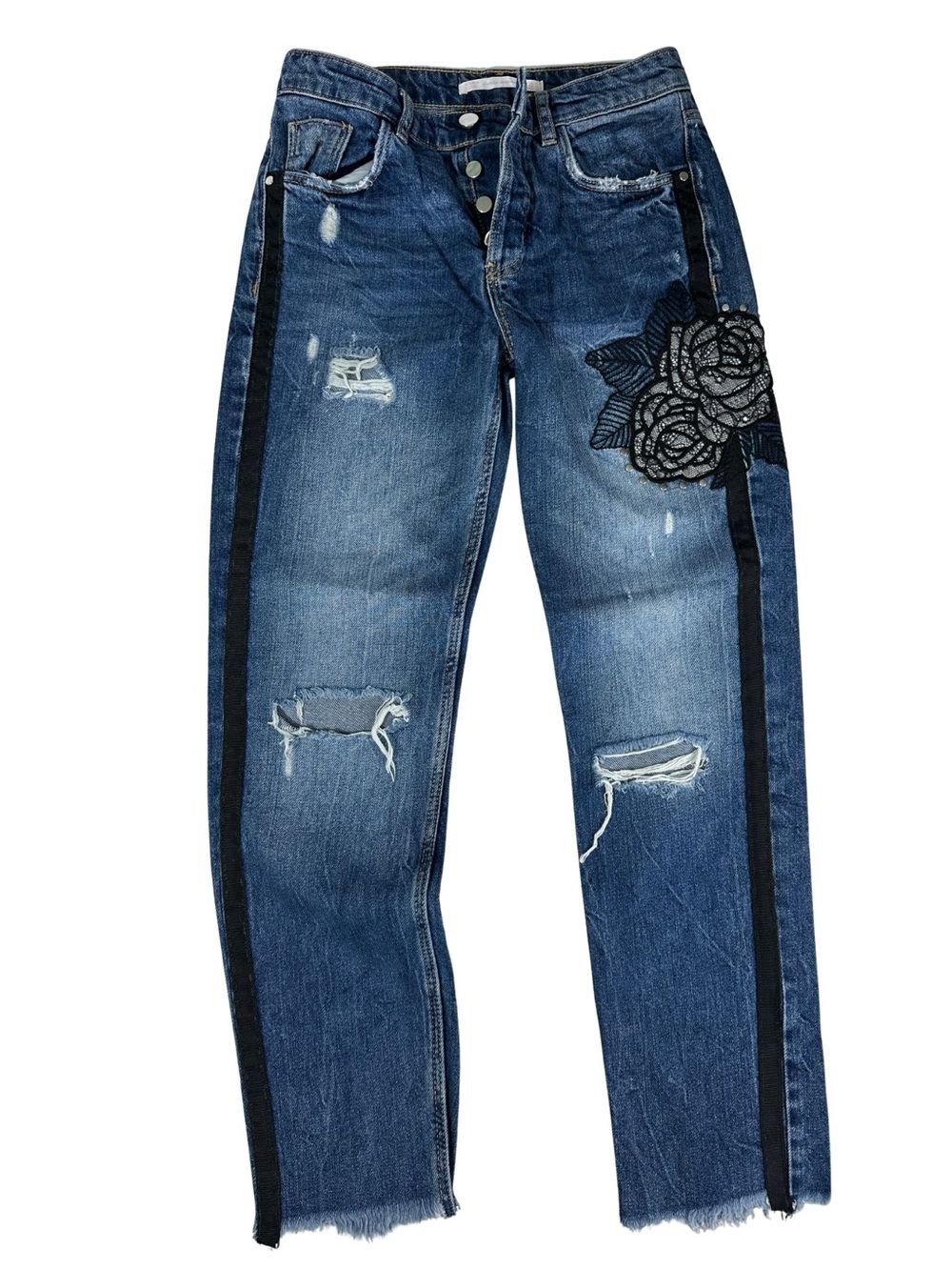 ZARA Dark Blue Distressed Jeans Floral Lace Raw Hem Size:00